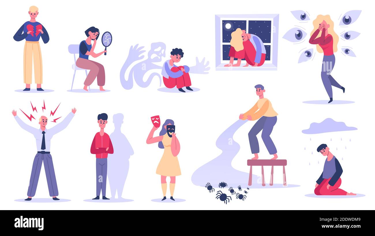 problemas psiquiatricos trastornos psicologicos mentales fobias paranoia depresion y problema de panico enfermedades psiquicas ilustracion vectorial 2ddwdm9 2852355755